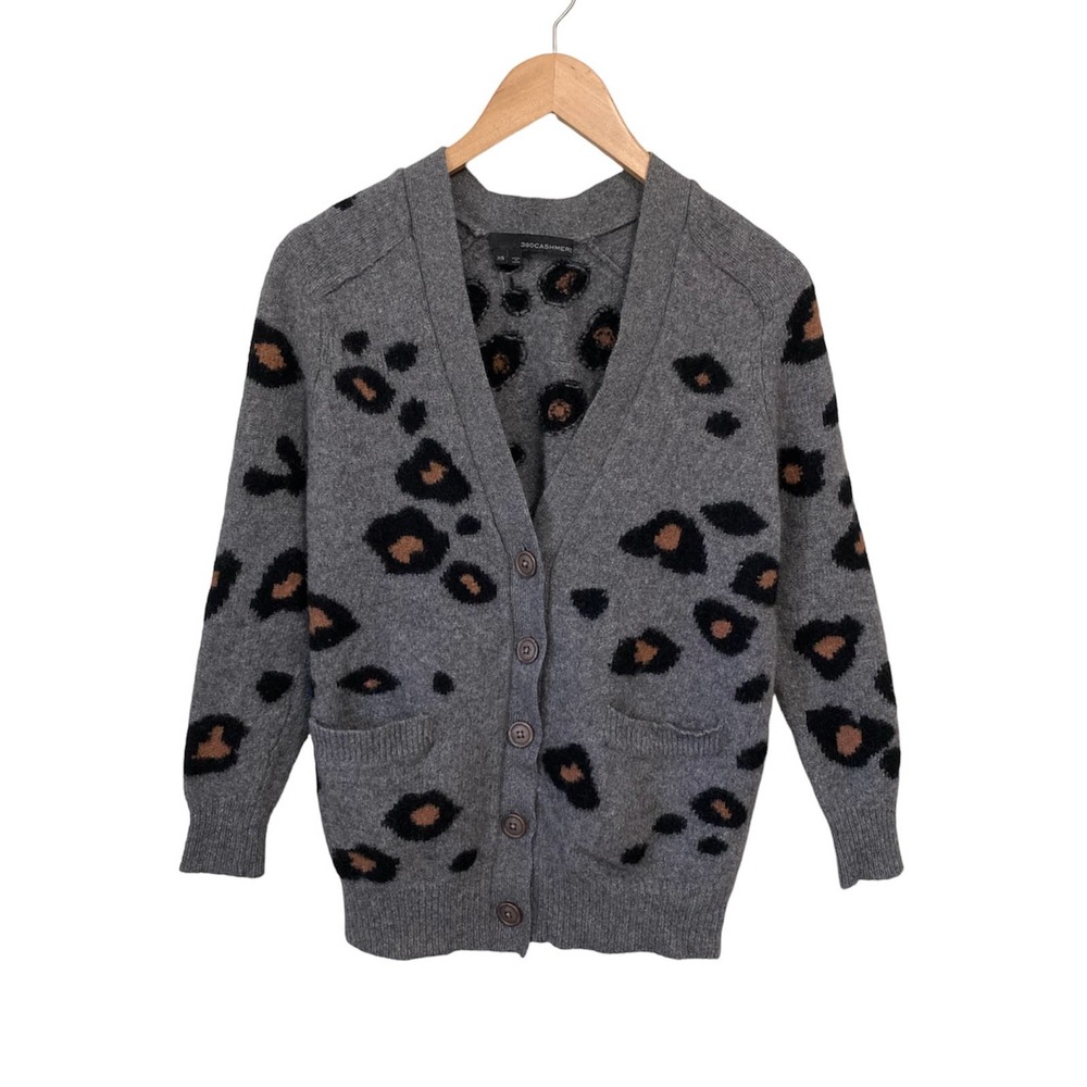 360 Cashmere Gray Leopard Print Cardigan